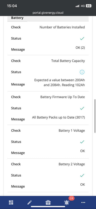 Givenergy battery status report on mobile screen